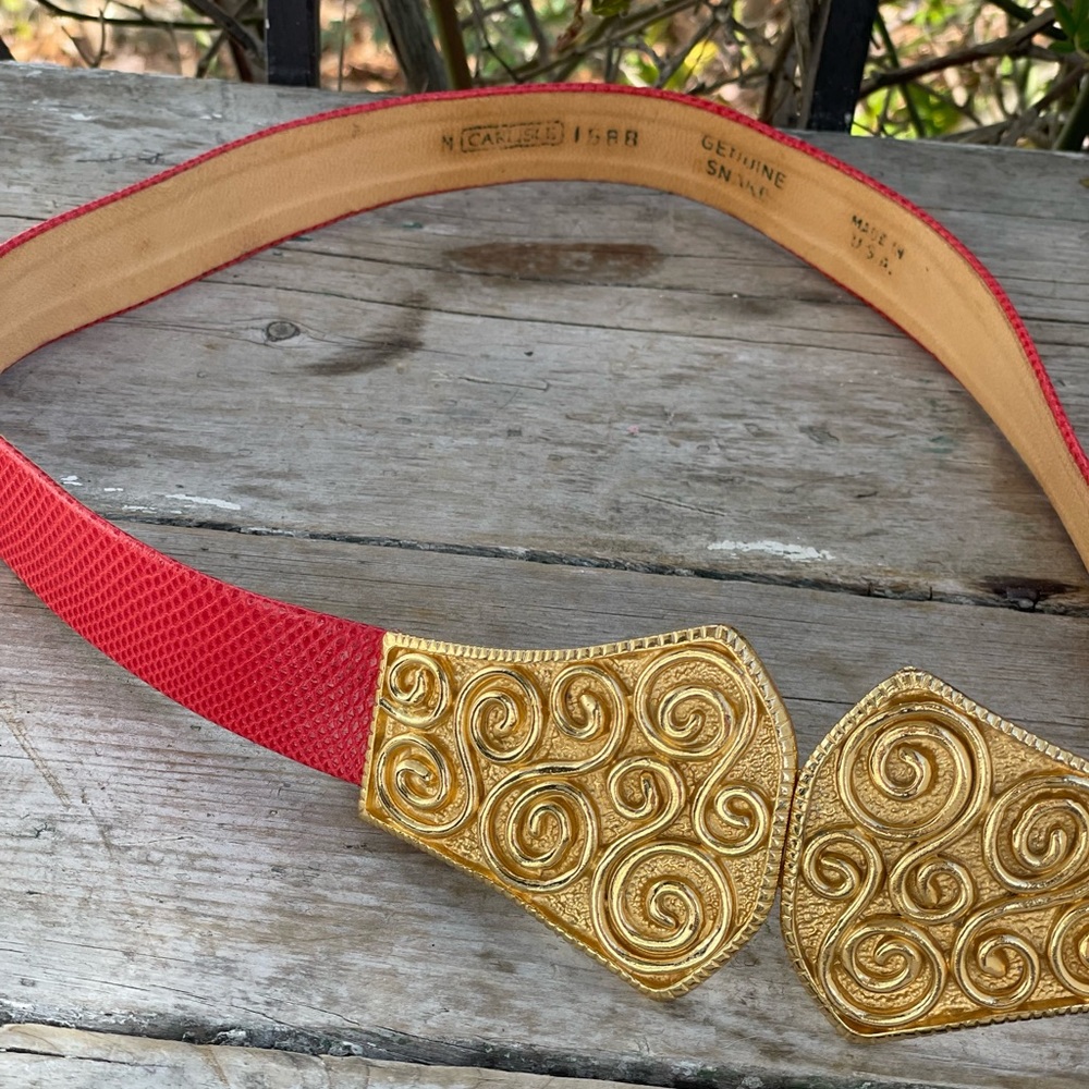 Vintage Carlise red snake leather gold statement buckle belt adjustable
